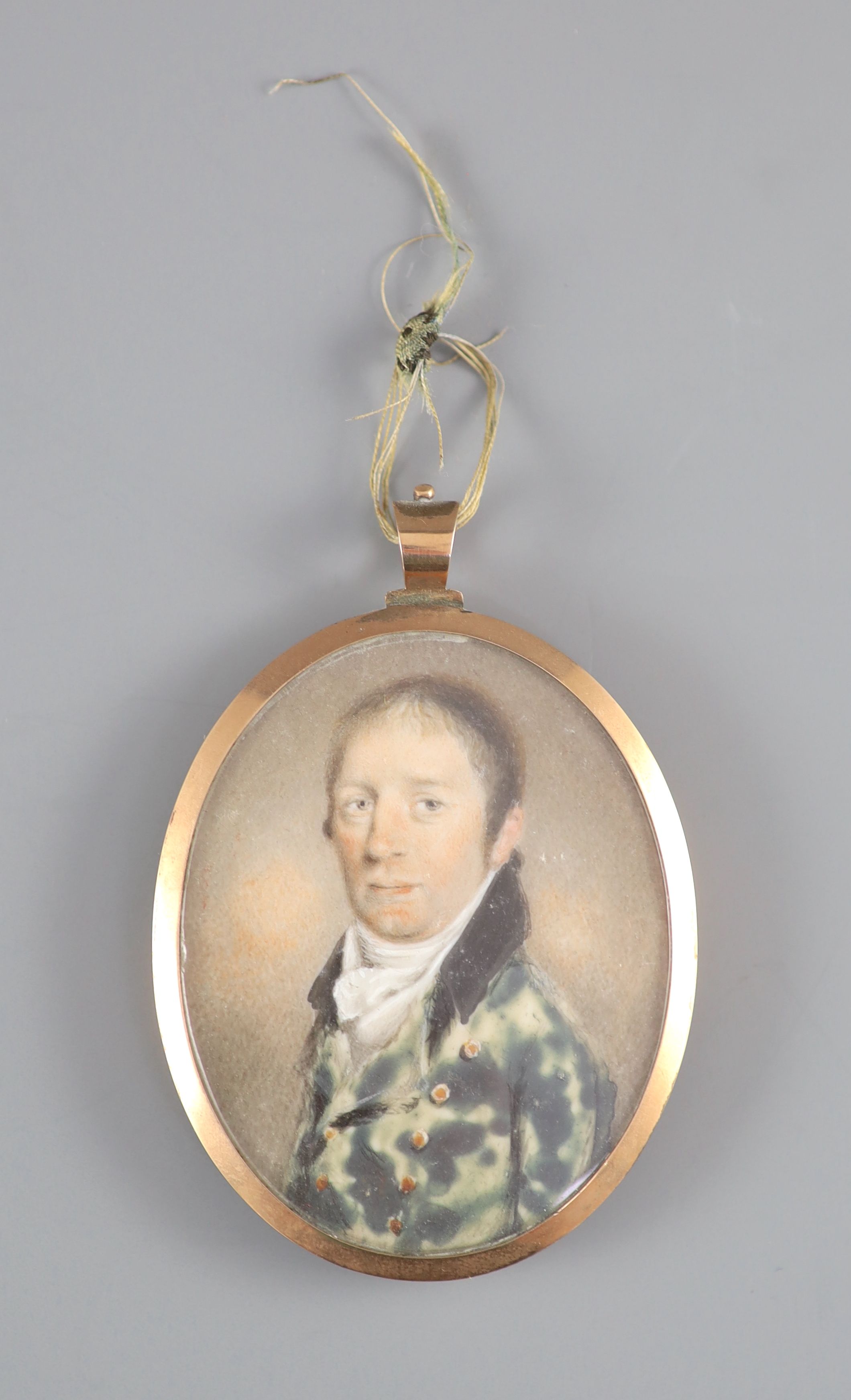 19th century English School, watercolour on ivory Miniature portrait of a gentleman wearing a white stock, hairpiece back, 6.5 x 5 cm.